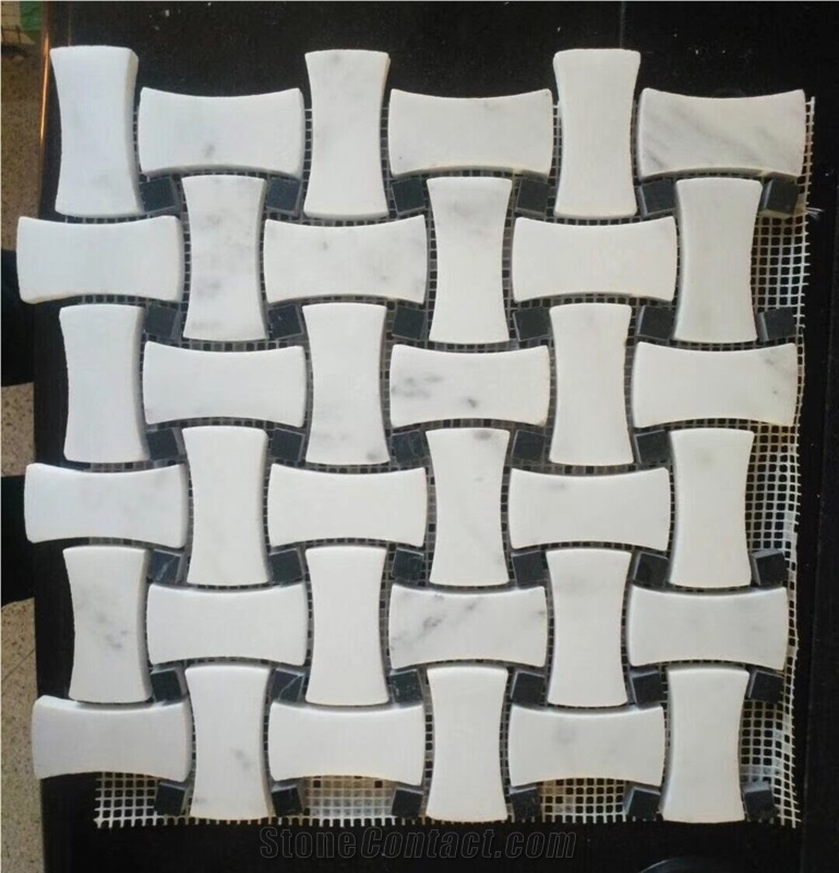 Carrara White Marble Basketweave Mosaic Tiles with Bardiglio Dot