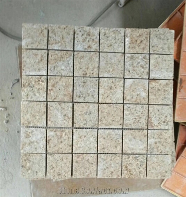 G682 Yellow Granite Cobble Cube Stone on Mesh