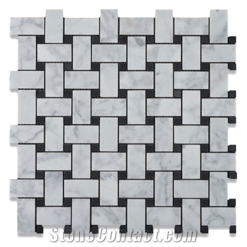 Imperial White Marble-Bianco Venatino White Basketweave Mosaic 12"X12"