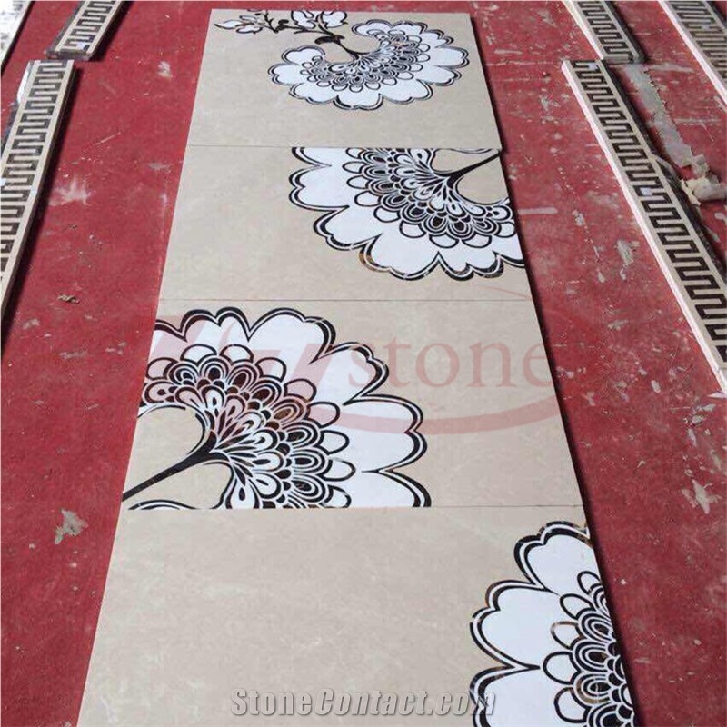Flower Design Pure White &Crema Marfil Marble Waterjet Medallion