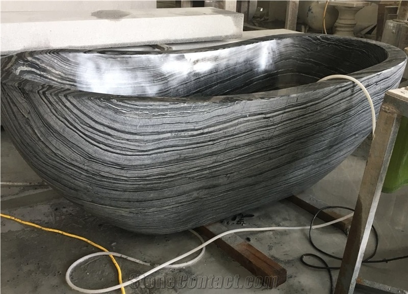 Black Ancient Wooden Vein Marble Bathtub