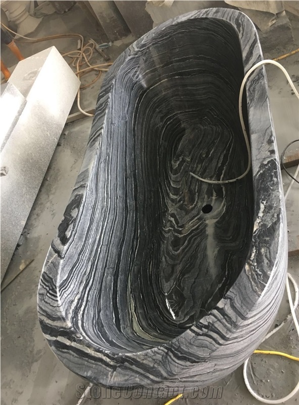 Black Ancient Wooden Vein Marble Bathtub