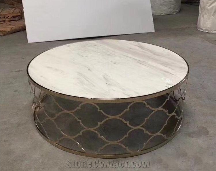 Custom Design Marble Round Tables on Stainless Steel Shelf