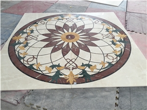 Custom Round Marble Medallions Crema Marfil Round Rosettes for Floor, Waterjet Rosettes