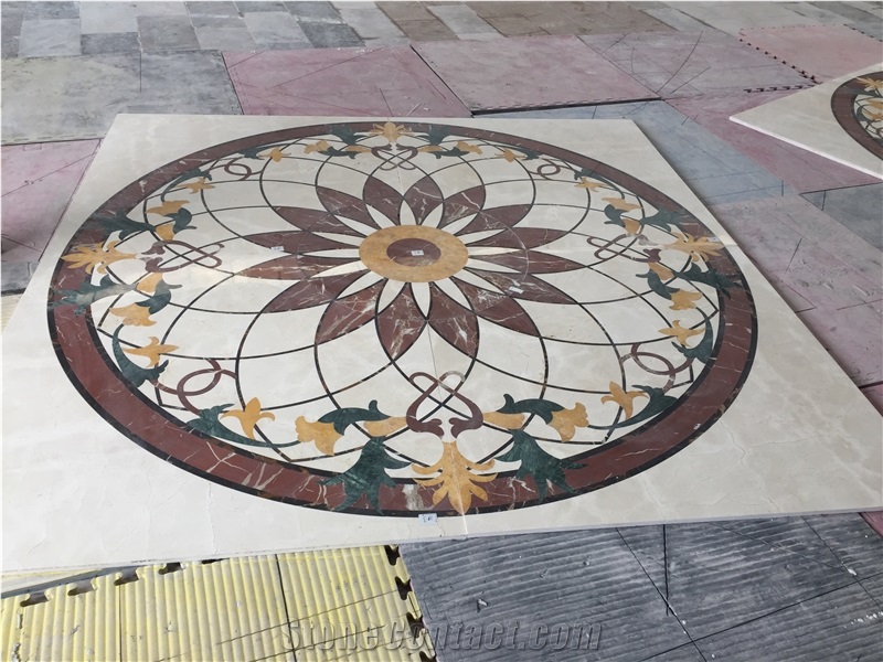 Custom Round Marble Medallions Crema Marfil Round Rosettes for Floor, Waterjet Rosettes