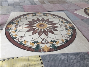 Custom Round Marble Medallions Crema Marfil Round Rosettes for Floor, Waterjet Rosettes