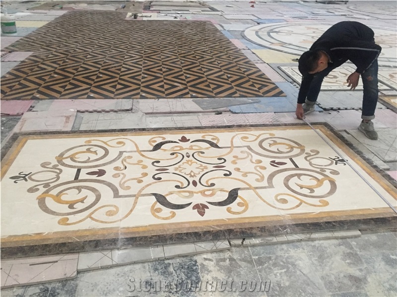 Custom Round Marble Medallions Crema Marfil Round Rosettes for Floor, Waterjet Rosettes