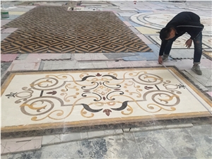 Custom Round Marble Medallions Crema Marfil Round Rosettes for Floor, Waterjet Rosettes