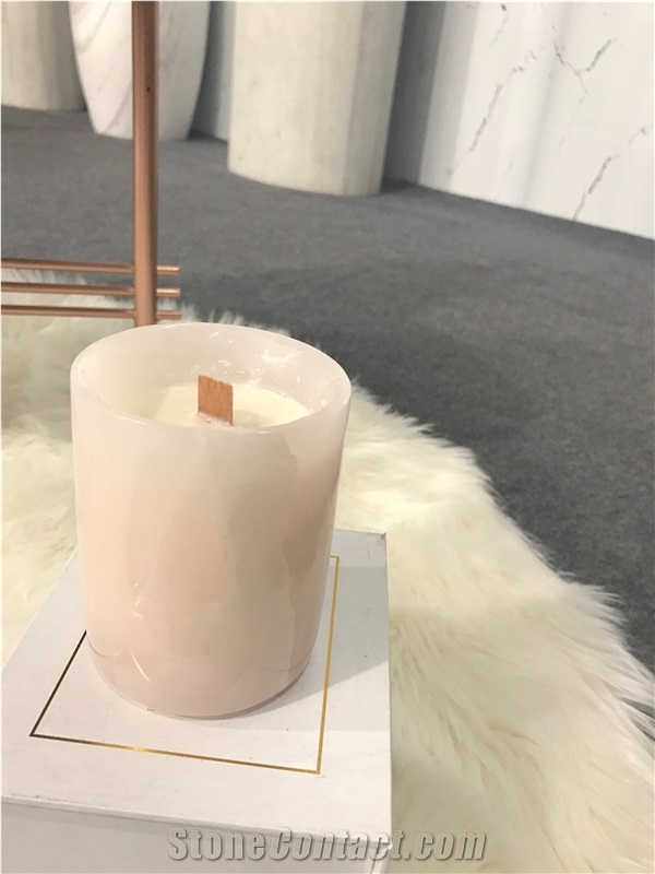 Green and Pink Onyx Candle Holder Polished Surface for Home Decoration
