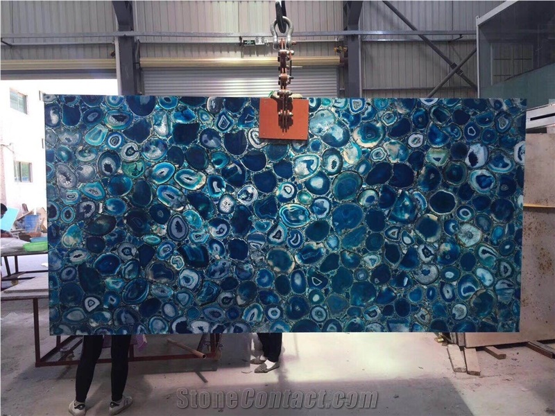 Natural Backlit Semiprecious Stone Blue Agate Gemstone Slab