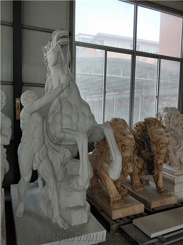 White Marble Horse with Boy Statue,Landscape Western Sculpture