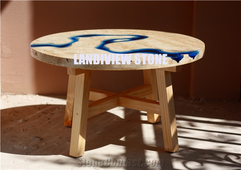 Lagoon Table from Travertine and Resin, Lagoon Coffee Table