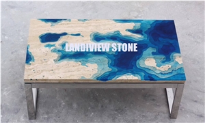 Lagoon Table from Travertine and Resin, Lagoon Coffee Table