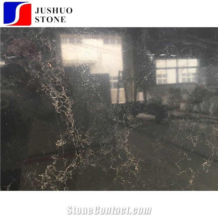 Solid Black Golden Veins/Grains Quartz Slab Stone Tiles for Countertop