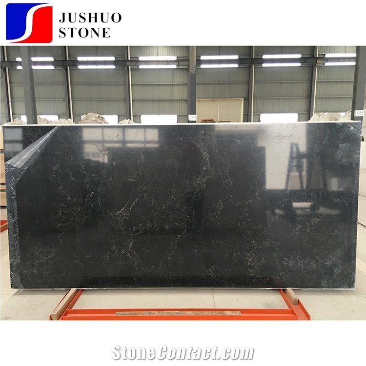 Solid Black Golden Veins/Grains Quartz Slab Stone Tiles for Countertop