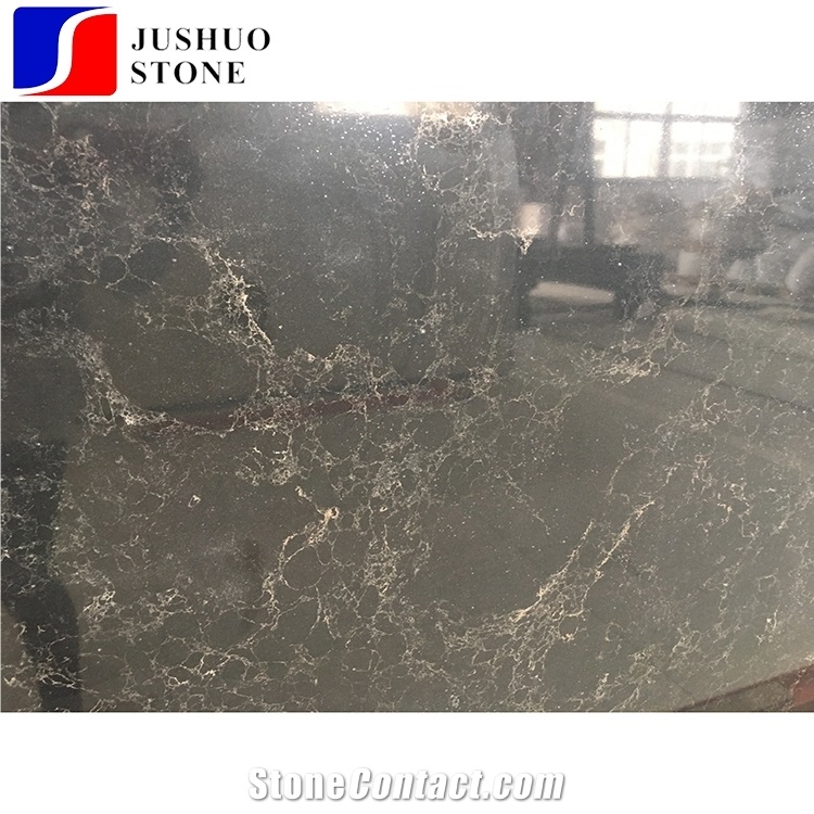 Solid Black Golden Veins/Grains Quartz Slab Stone Tiles for Countertop