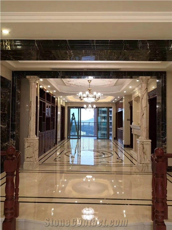 Crema Marfil,Black Flowermarble Waterjet Pattern,Marble Flooring