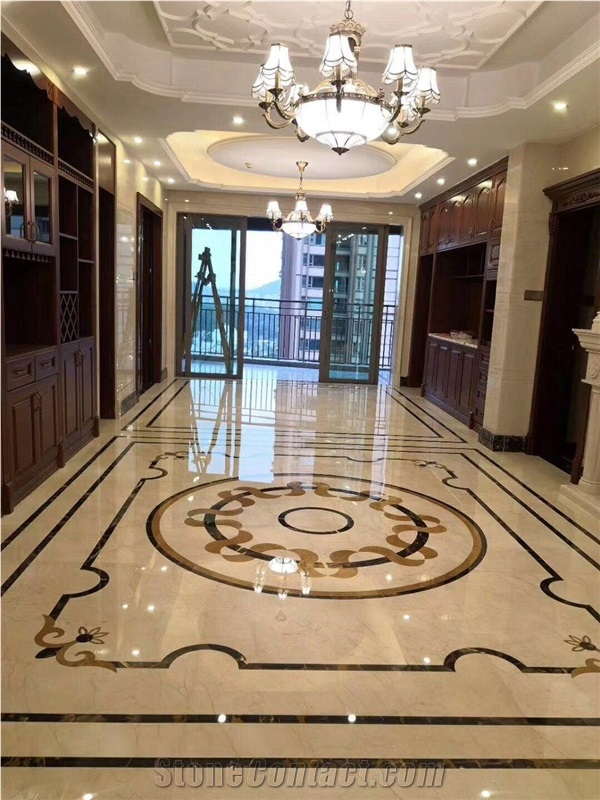 Crema Marfil,Black Flowermarble Waterjet Pattern,Marble Flooring