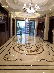 Crema Marfil,Black Flowermarble Waterjet Pattern,Marble Flooring