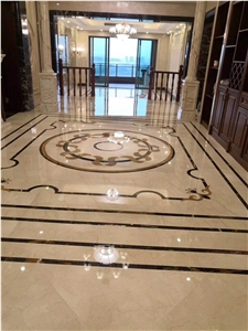 Crema Marfil,Black Flowermarble Waterjet Pattern,Marble Flooring