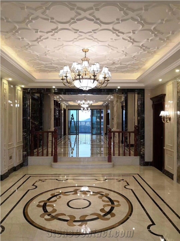 Crema Marfil,Black Flowermarble Waterjet Pattern,Marble Flooring