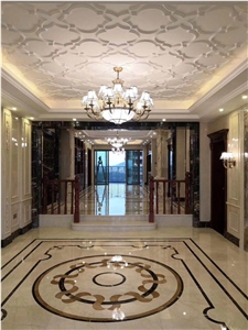Crema Marfil,Black Flowermarble Waterjet Pattern,Marble Flooring