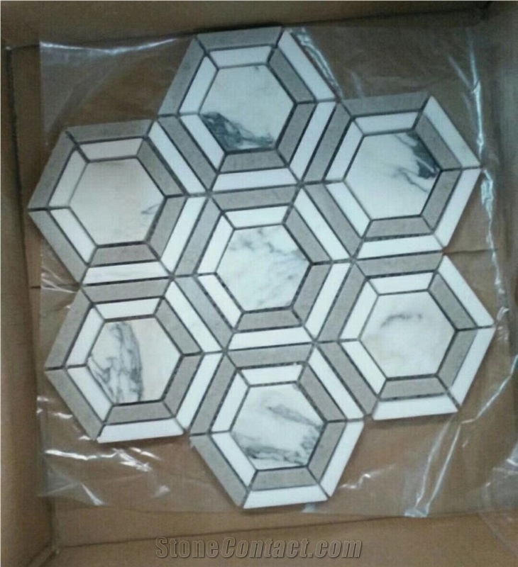 Carrara White Mixed with Grey Marble Hexagon Mosaic Tiles