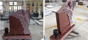 Indian Red Polished Red Granite Sketch Angel Monument Headstone