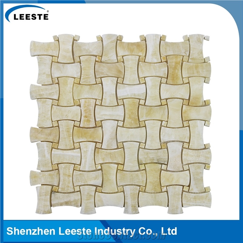 12 Yellow-White Dogbone Basketweave Honed Finished Honey Onyx Mosaic
