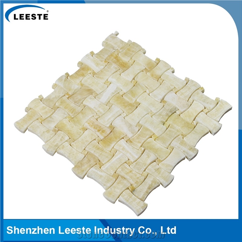 12 Yellow-White Dogbone Basketweave Honed Finished Honey Onyx Mosaic