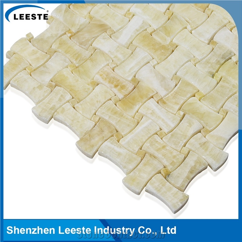 12 Yellow-White Dogbone Basketweave Honed Finished Honey Onyx Mosaic