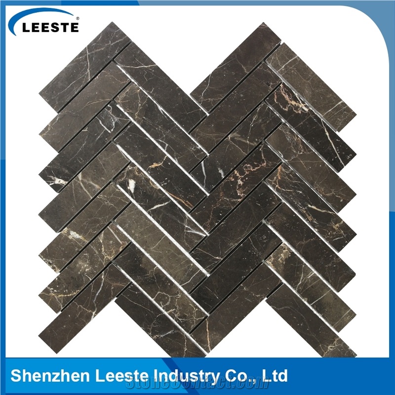 Chinese Dark Emperador Marble Polished Herrinbone Marble Mosaic Tiles