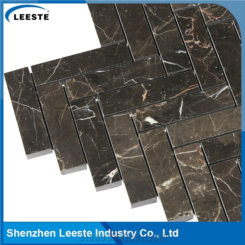 Chinese Dark Emperador Marble Polished Herrinbone Marble Mosaic Tiles