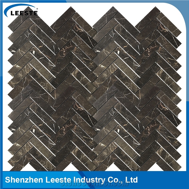 Chinese Dark Emperador Marble Polished Herrinbone Marble Mosaic Tiles