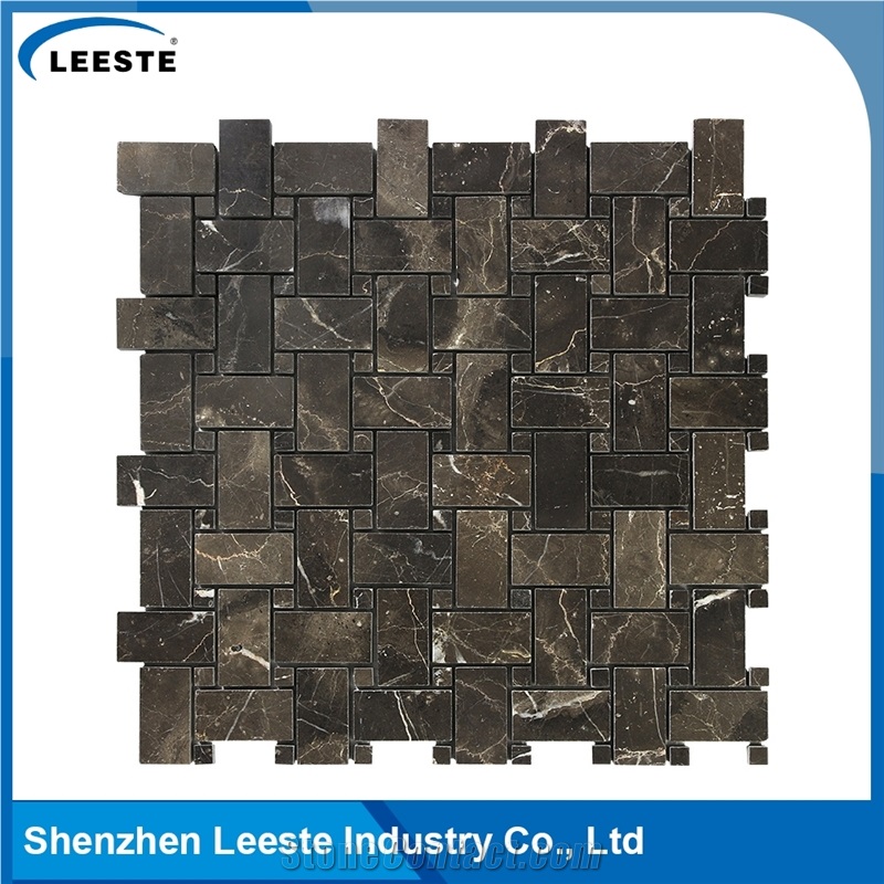 Chinese Dark Emperador Polished Basketweave Marble Mosaic Tiles