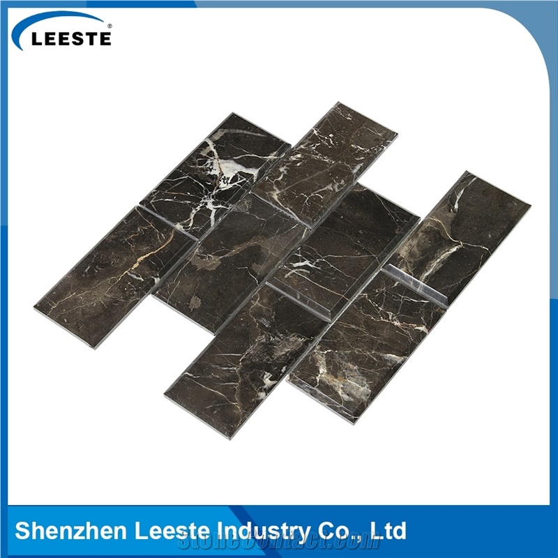 Chinese Dark Emperador Polished Bevelled Brick Marble Mosaic Tiles