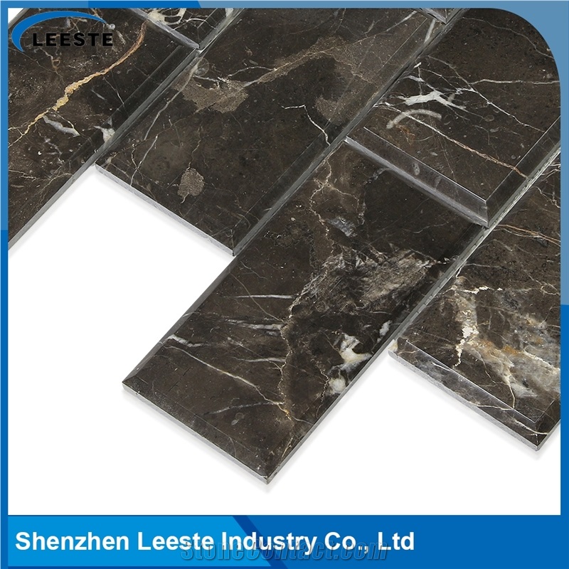 Chinese Dark Emperador Polished Bevelled Brick Marble Mosaic Tiles