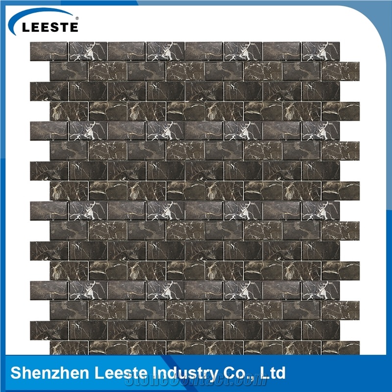 Chinese Dark Emperador Polished Bevelled Brick Marble Mosaic Tiles