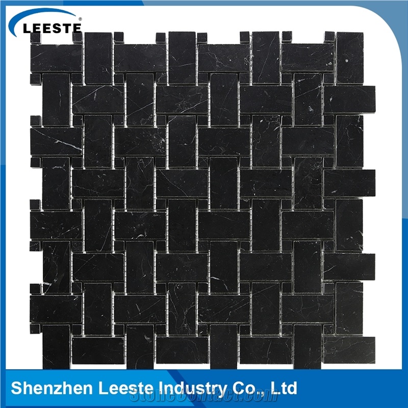 Polished Arabesque Basketweave Black Marble Mosiac Backsplash Tile