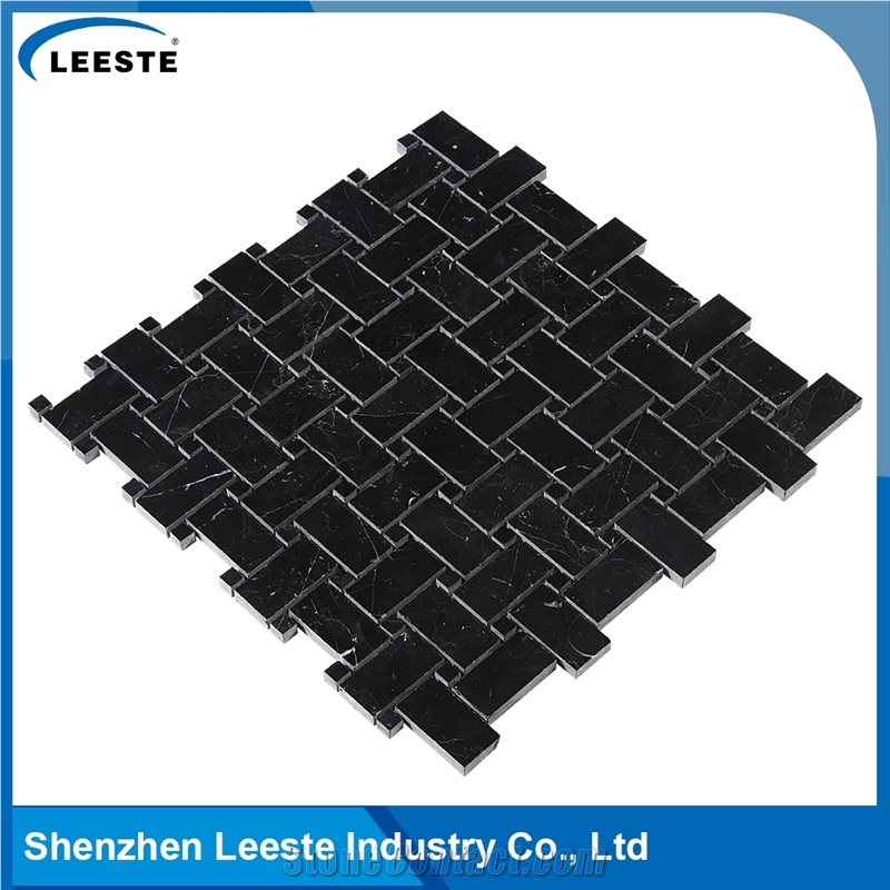 Polished Arabesque Basketweave Black Marble Mosiac Backsplash Tile