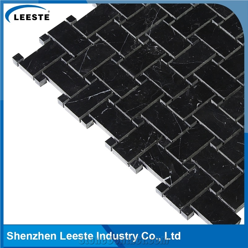 Polished Arabesque Basketweave Black Marble Mosiac Backsplash Tile