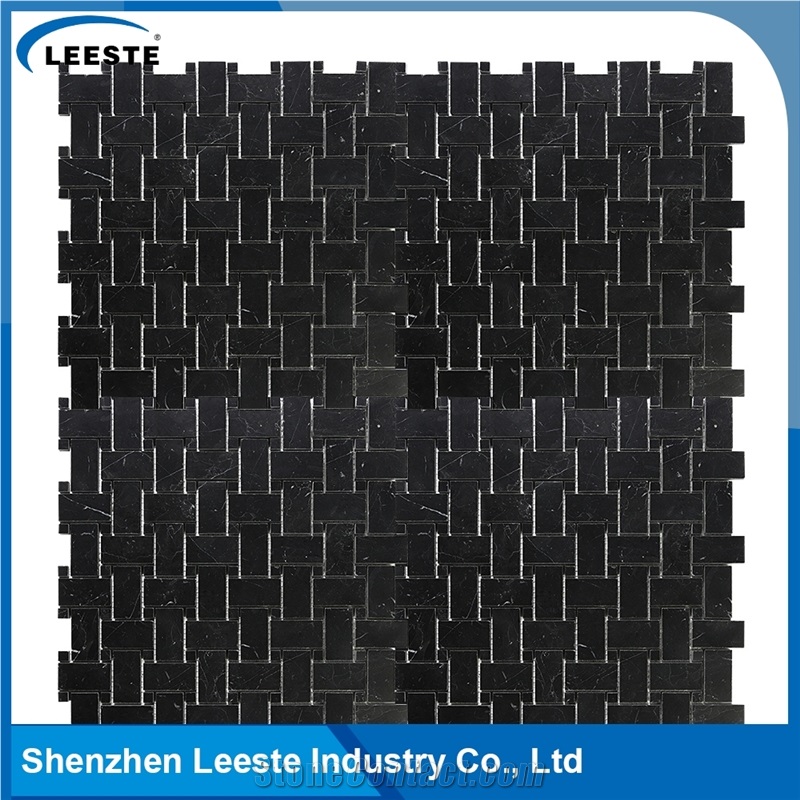 Polished Arabesque Basketweave Black Marble Mosiac Backsplash Tile