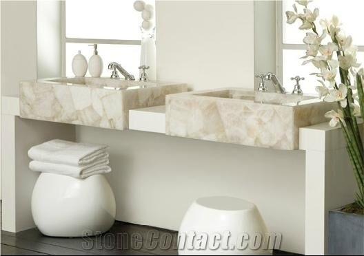 Backlit White Crystal Quartz Semiprecious Gemstone Bathroom Sink