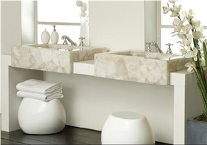 Backlit White Crystal Quartz Semiprecious Gemstone Bathroom Sink