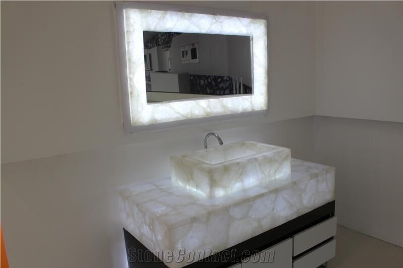 Backlit White Crystal Quartz Semiprecious Gemstone Sink for Bathroom
