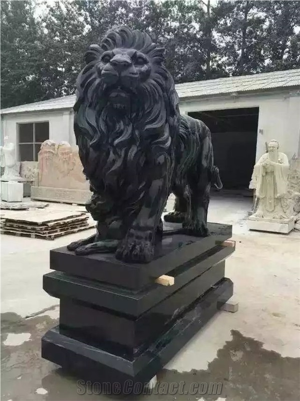 Black Marble Lion Sculpture,Garden Hand Carving Marble Lion Sculptures