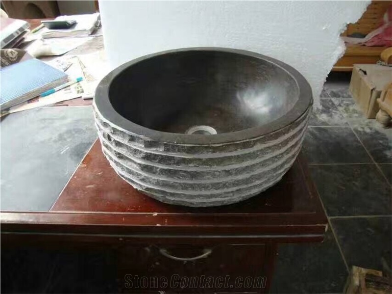 China Blue Limestone Sink Bathroom Basin Round Stone Wash Basin