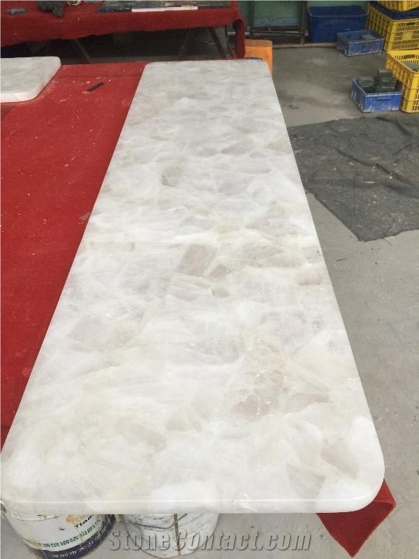 Factory Backlit White Crystal Quartz Semiprecious Gemstone Slab