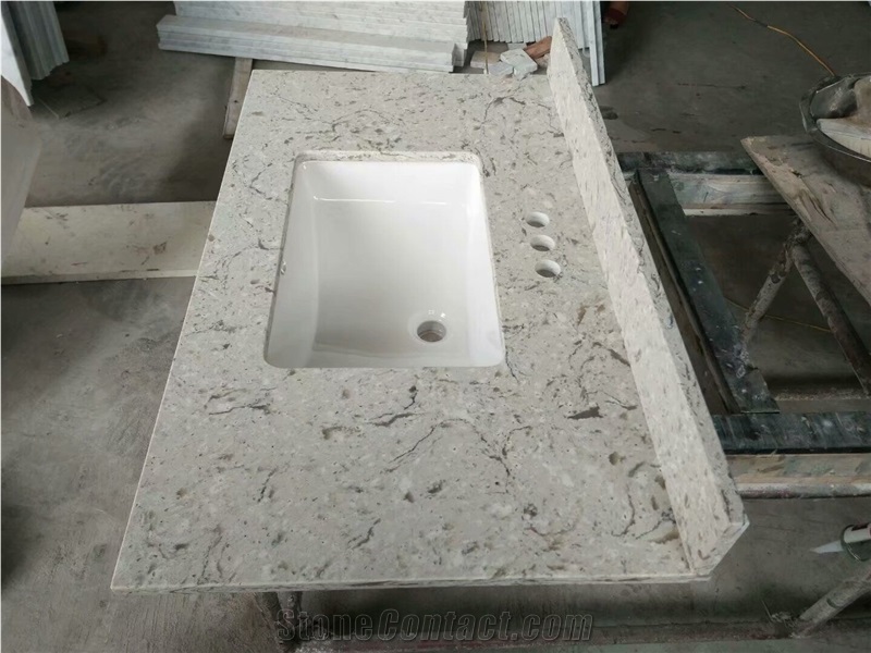 Full Set Bathroom Countertops Grey Quartz Bath Tops with Mounted Sink