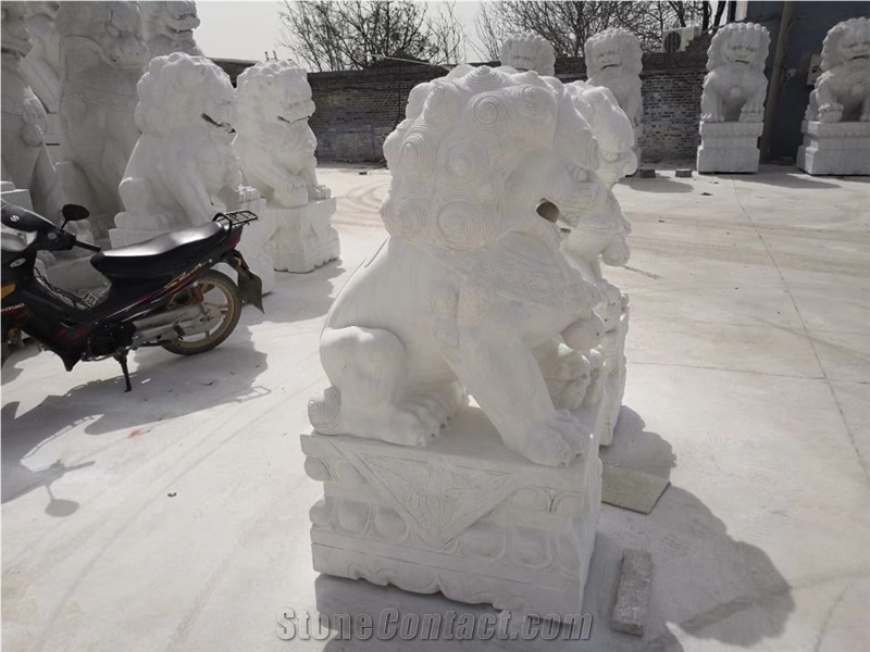 Hand Carved White Marble Lion Sculpture,Guardian Lions Sculpture